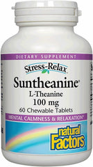 Natural Factors Suntheanine 100 mg bottle promotes calm focus during the day.