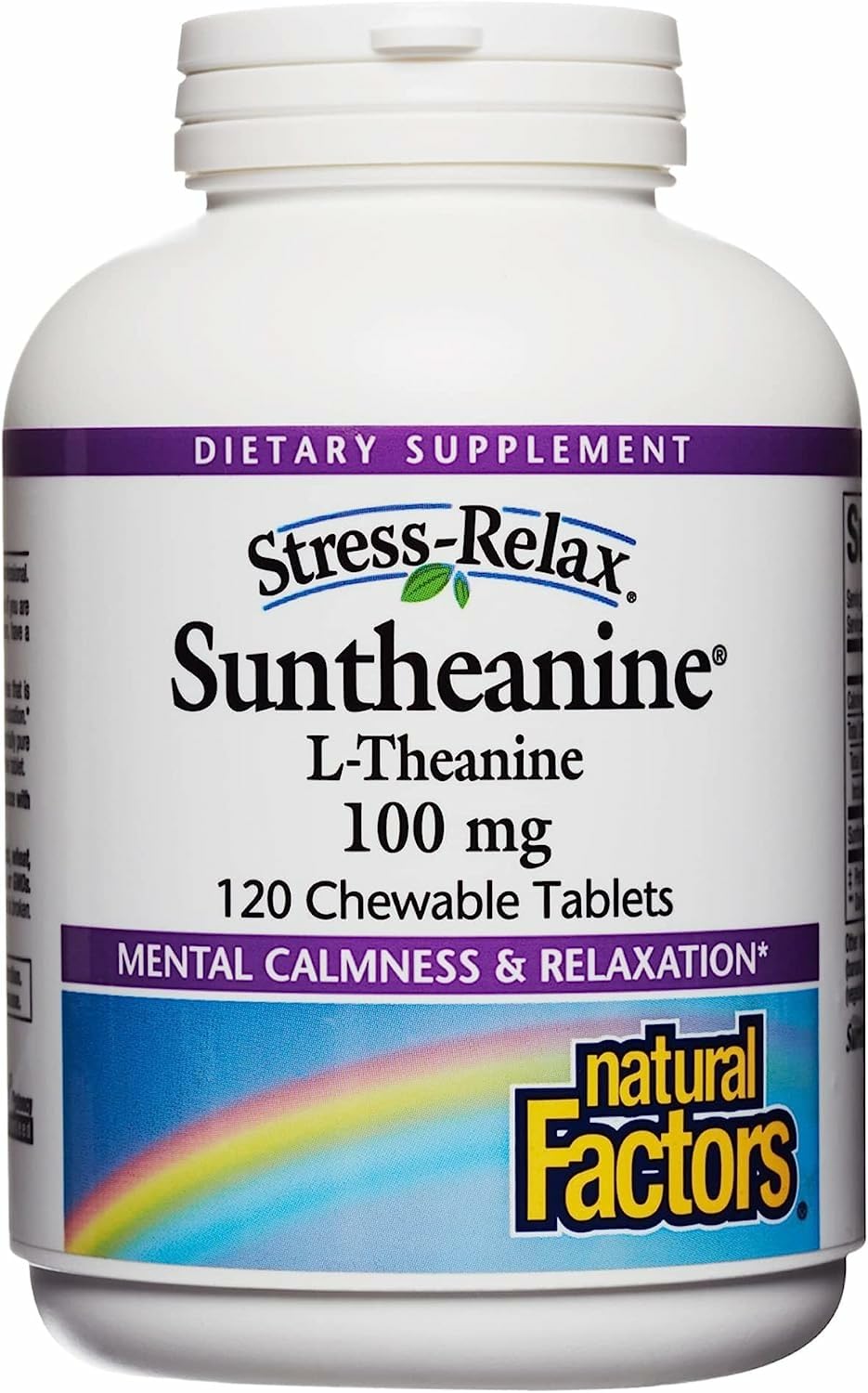 Natural Factors Suntheanine bottle label close-up for calm, focused daily use.