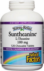Natural Factors Suntheanine bottle label close-up for calm, focused daily use.