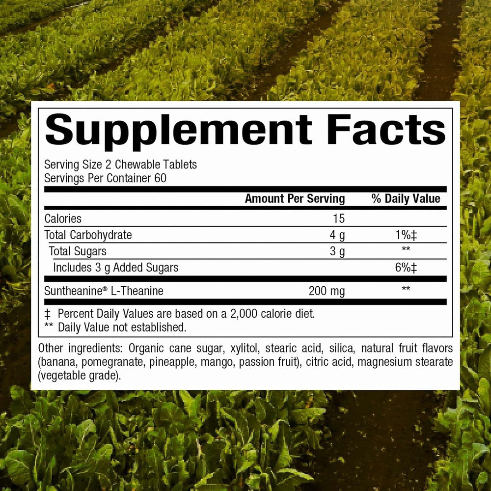 Suntheanine chewable tablets close-up showing easy calm support.