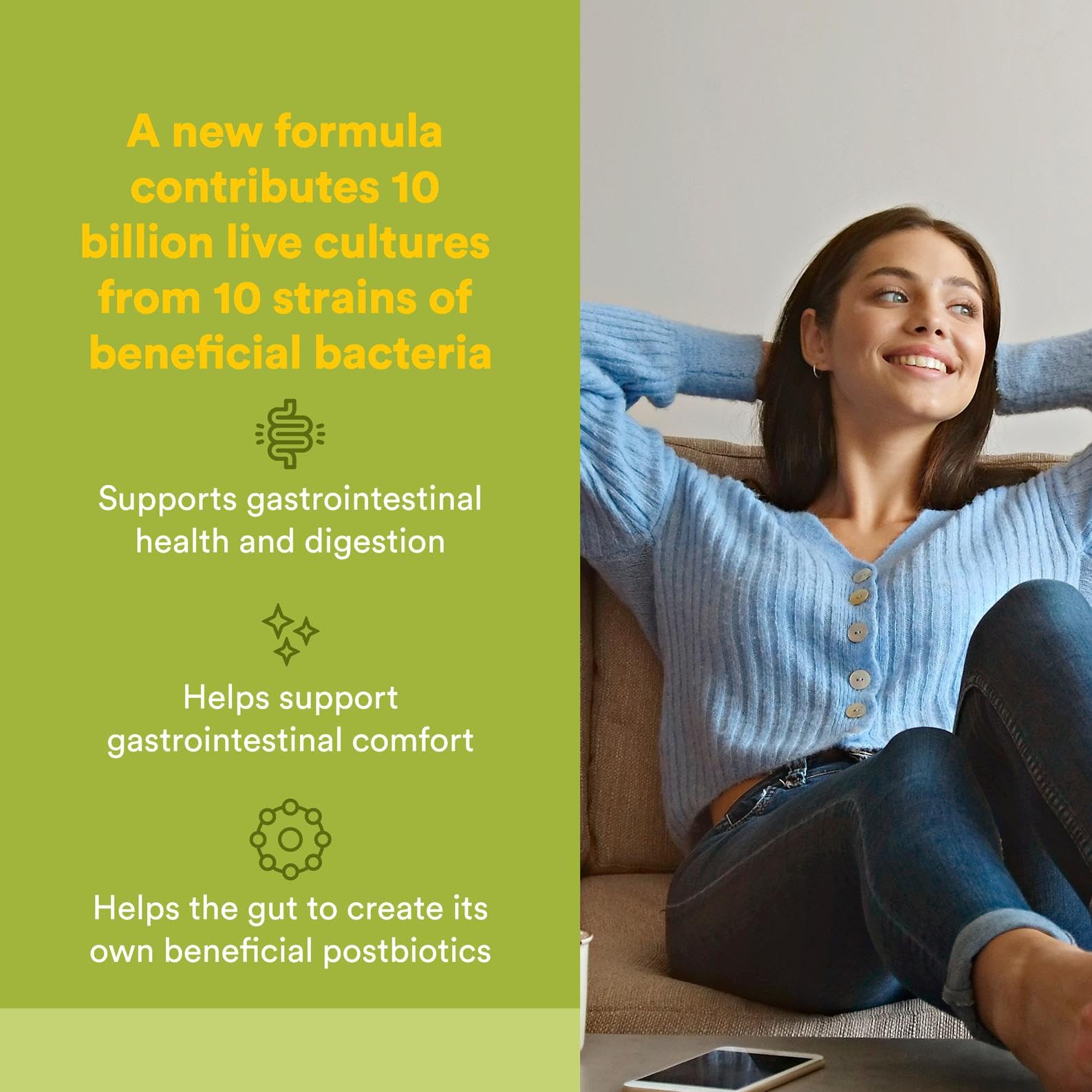 Natural Factors bottle label shows 10-strain synbiotic for gut balance