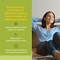 Natural Factors bottle label shows 10-strain synbiotic for gut balance