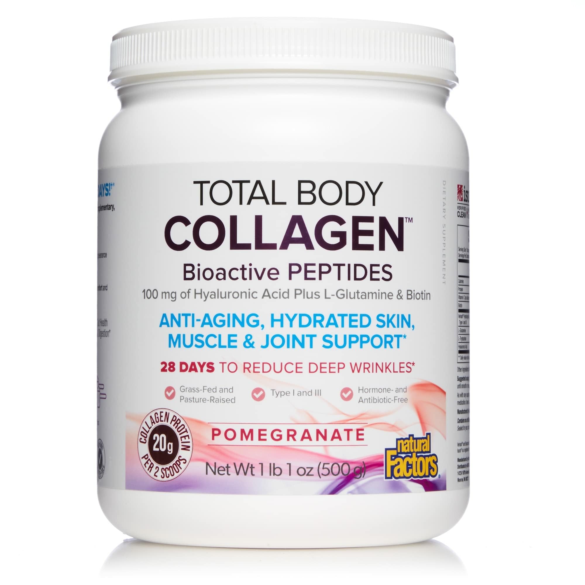 Natural Factors Total Body Collagen bottle on counter highlighting skin and hair support