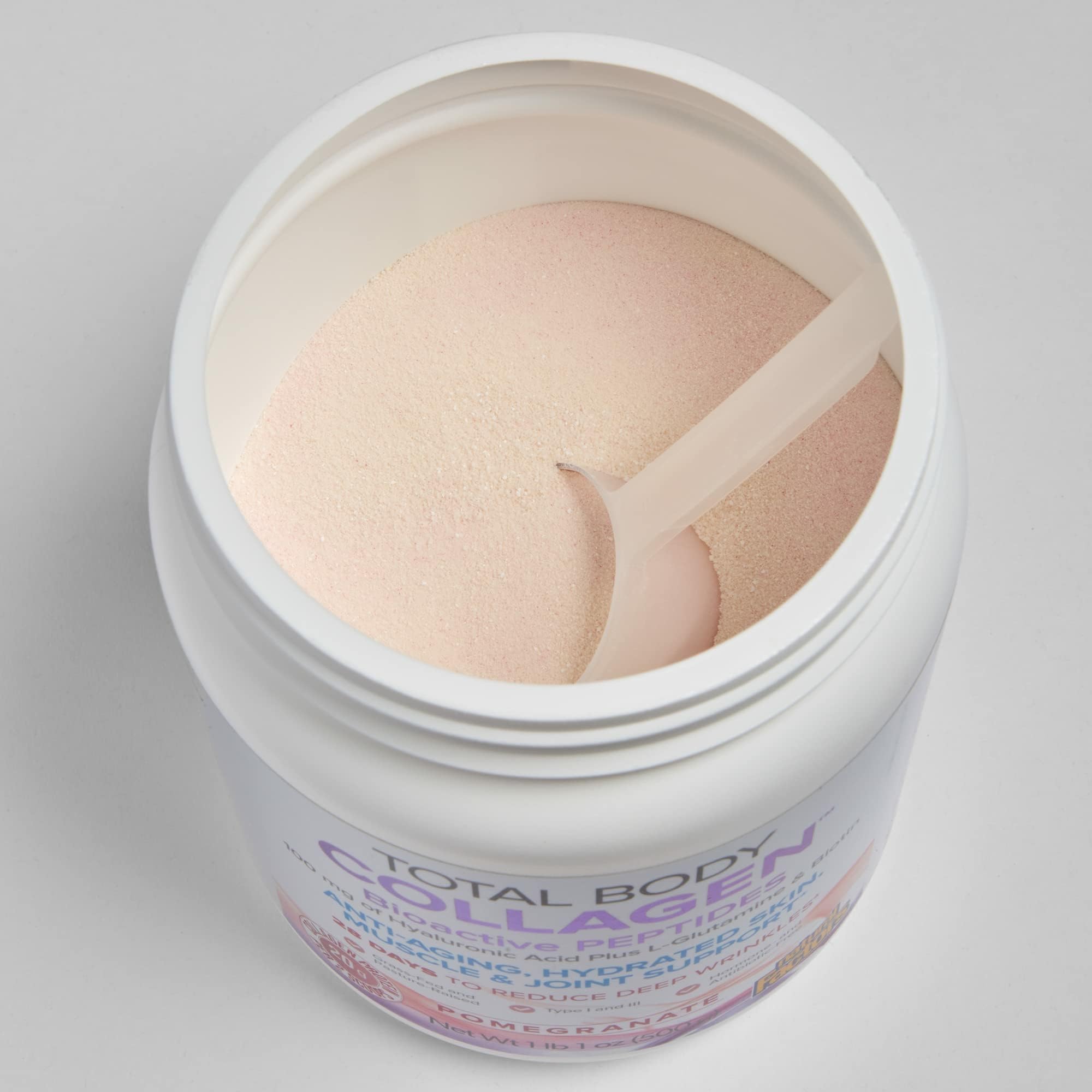 Label featuring pomegranate flavor and bioactive collagen peptides for skin vitality