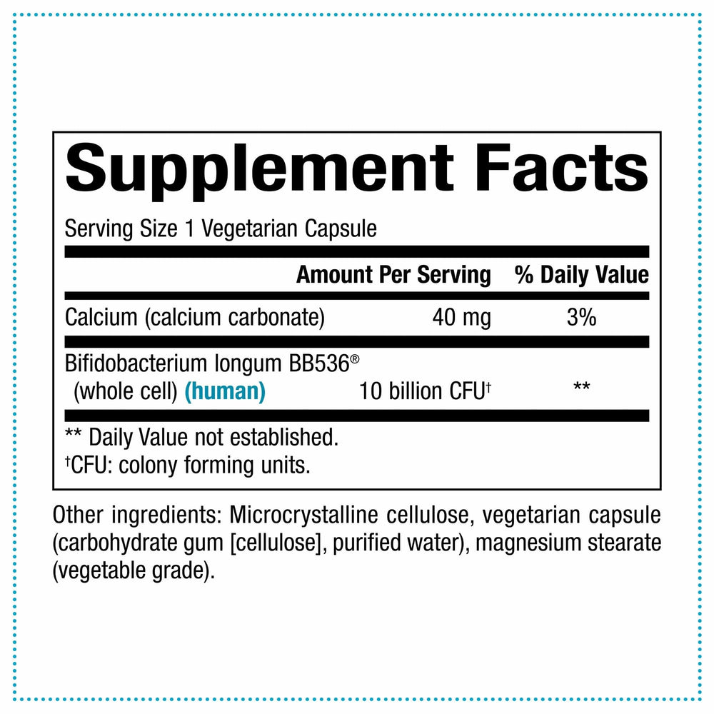 Natural Factors TravelBiotic bottle back highlights 10 billion CFU vegan formula.