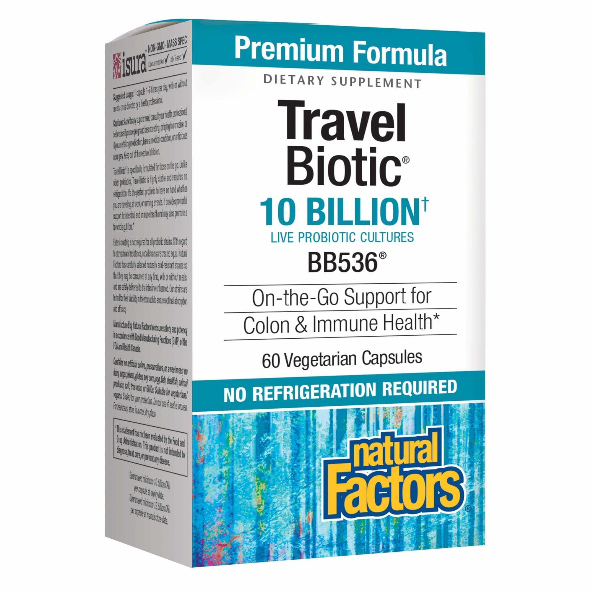 Natural Factors TravelBiotic bottle front shows shelf-stable probiotic for travel-friendly use.