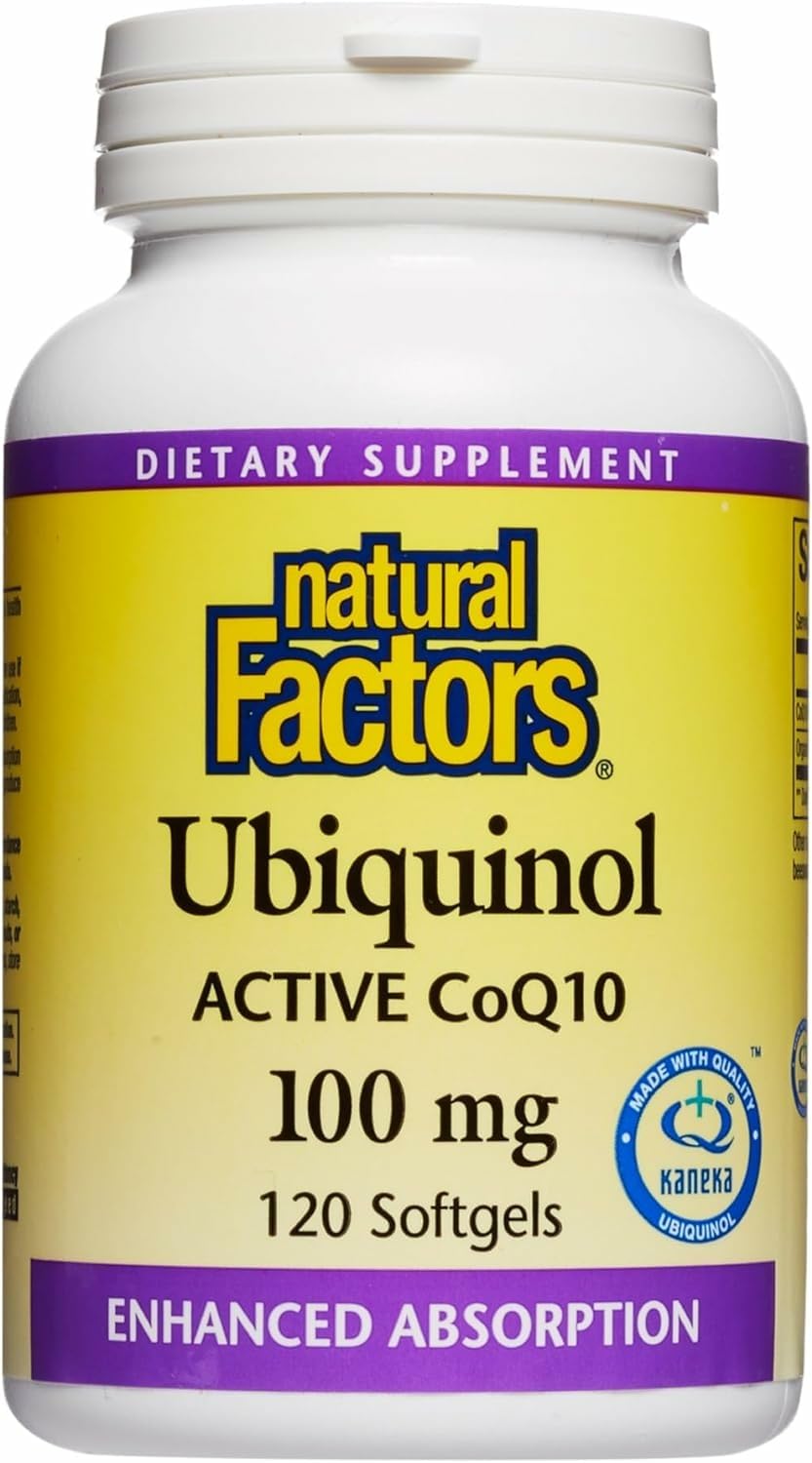 Natural Factors Ubiquinol 100mg bottle in view, highlighting easy-to-swallow softgels for energy support.
