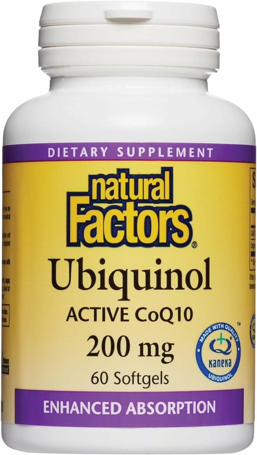 Natural Factors Ubiquinol 200mg bottle highlights premium antioxidant support