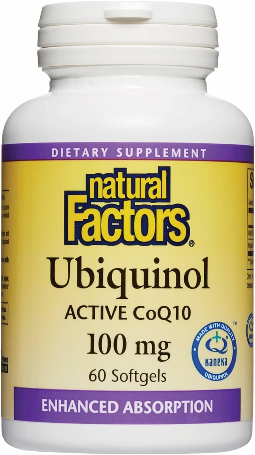 Natural Factors Ubiquinol bottle label highlights heart health and quality