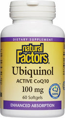 Natural Factors Ubiquinol bottle label highlights heart health and quality