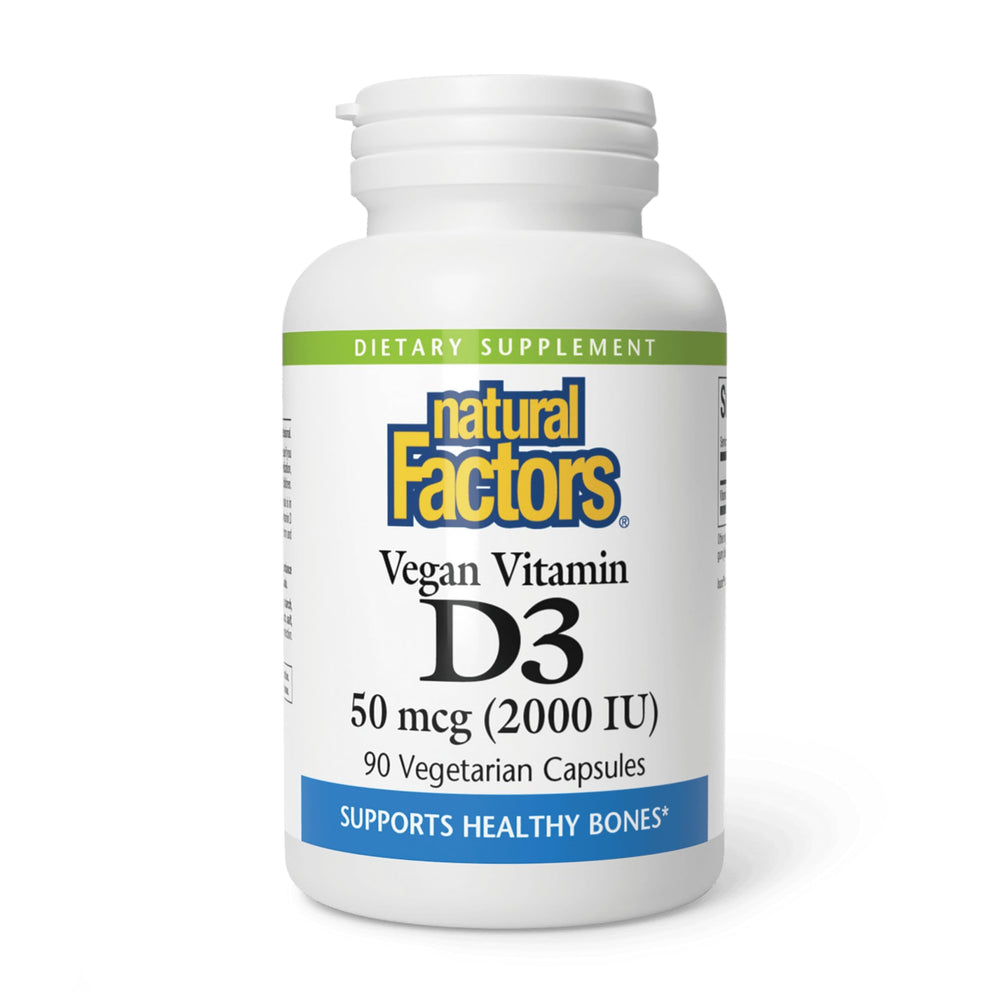 Natural Factors Vegan Vitamin D3 2000 IU bottle front view highlighting dosage and benefits.