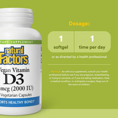 Natural Factors Vegan Vitamin D3 capsules ready for daily intake.