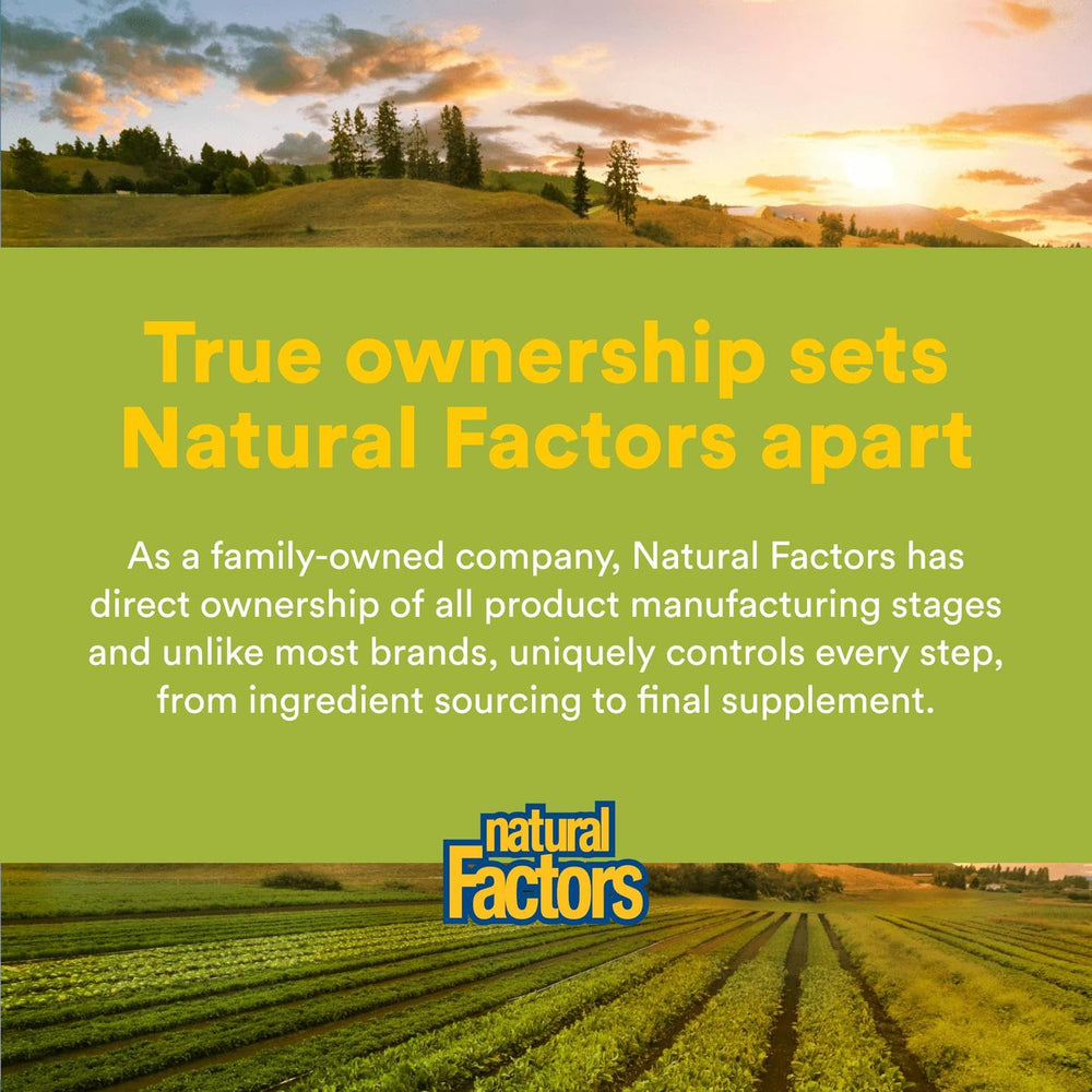 Natural Factors soft gel capsules shown as easy-to-swallow supplement.