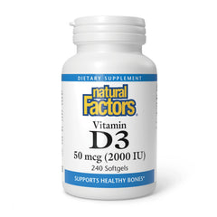 Natural Factors Vitamin D3 2000 IU soft gels bottle closeup for bone support
