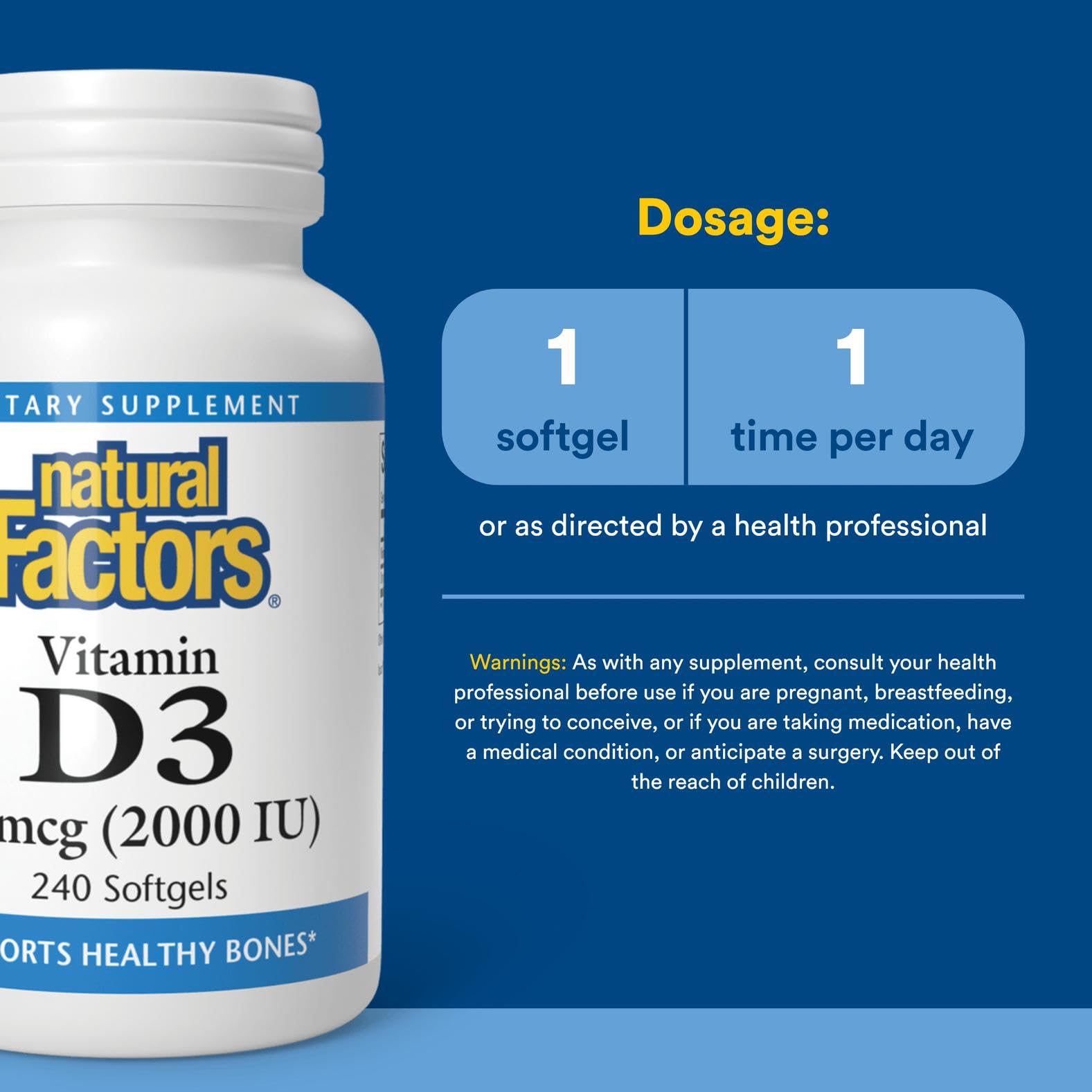 Natural Factors Vitamin D3 2000 IU soft gels label shot highlighting organic farming