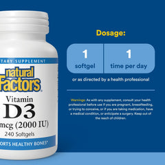 Natural Factors Vitamin D3 2000 IU soft gels label shot highlighting organic farming