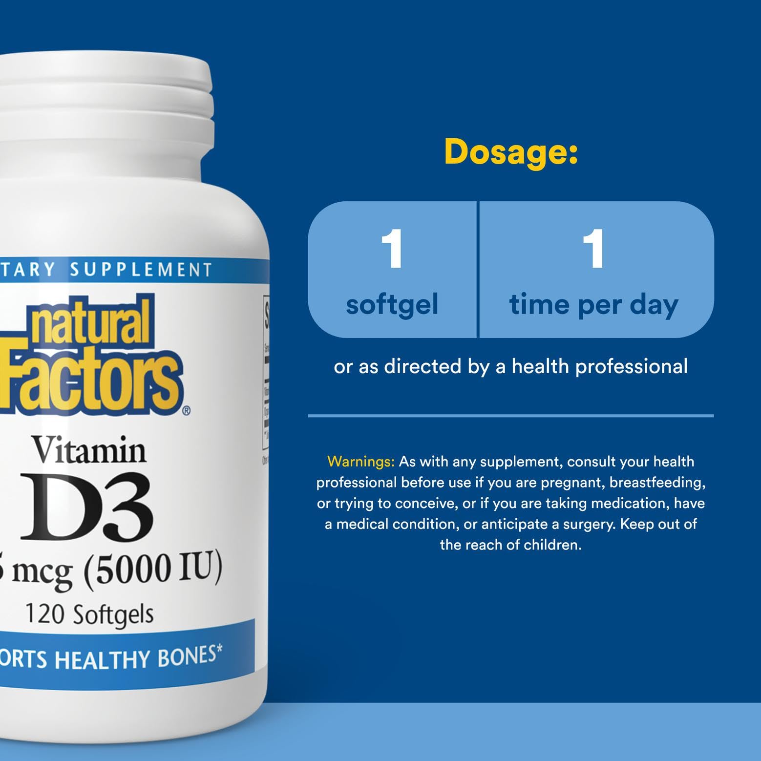 Packaging of Natural Factors Vitamin D3 5000 IU soft gels; organic, non-GMO.