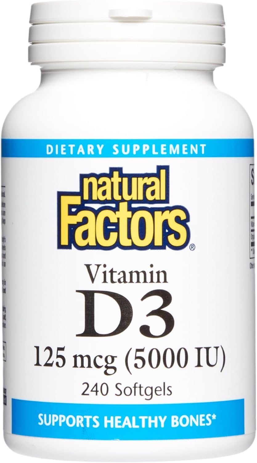 Natural Factors Vitamin D3 5000 IU softgel bottle illustrating bone and immune support.