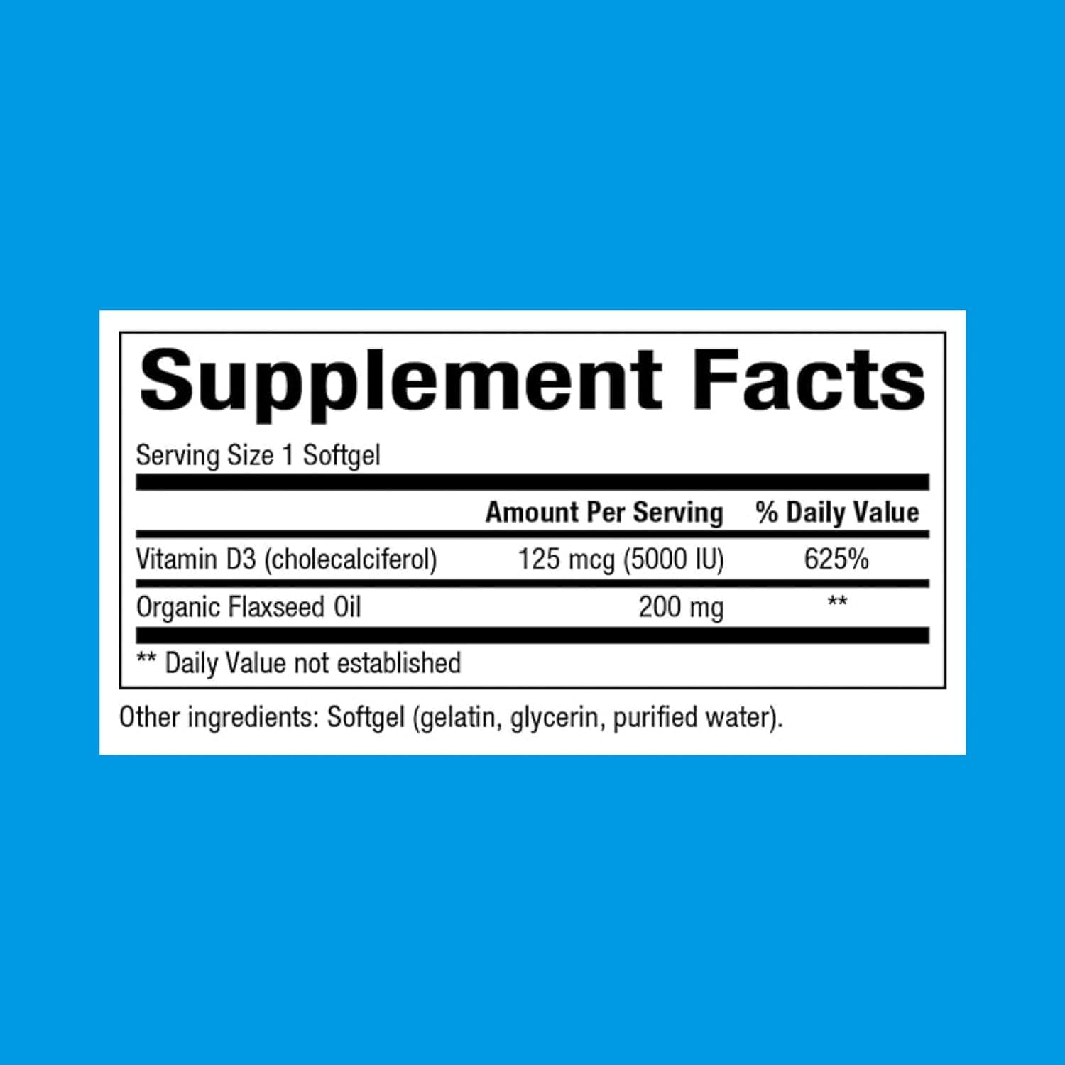 Natural Factors Vitamin D3 5000 IU softgel label emphasizing purity and potency.