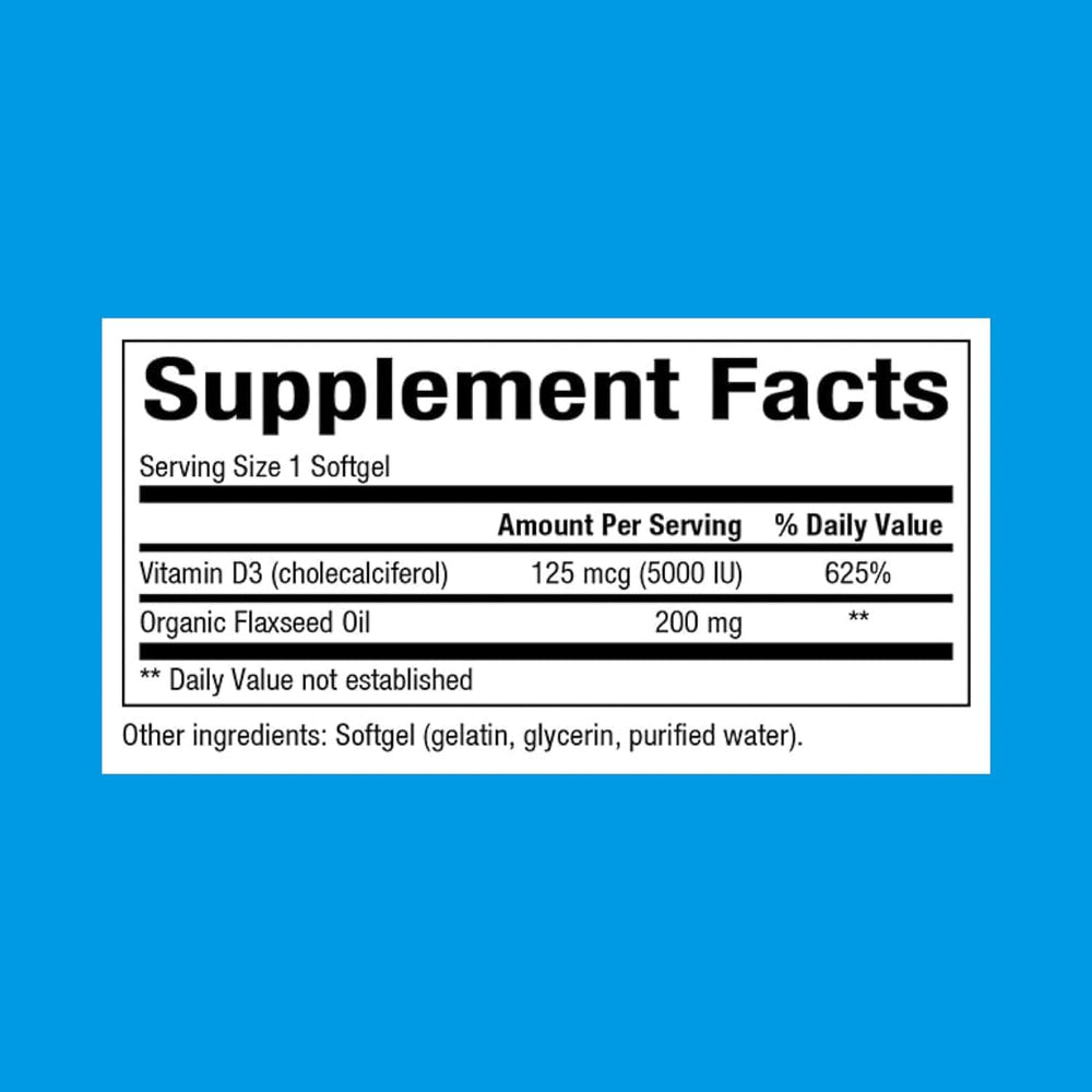 Natural Factors Vitamin D3 5000 IU softgel label emphasizing purity and potency.