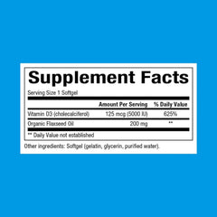 Natural Factors Vitamin D3 5000 IU softgel label emphasizing purity and potency.