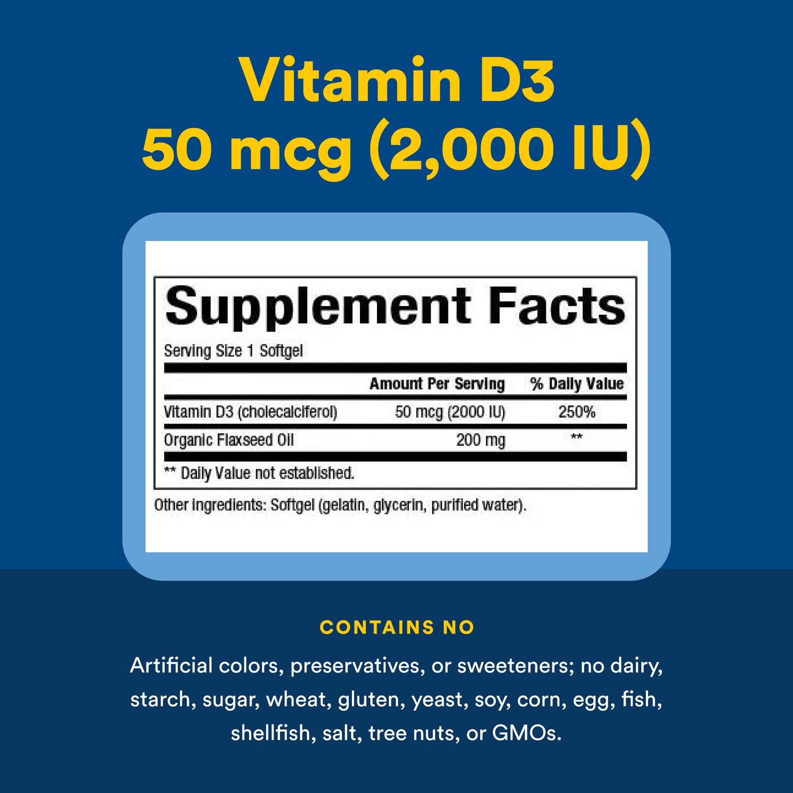 Natural Factors Vitamin D3 bottle highlights third-party GMO and contaminant testing