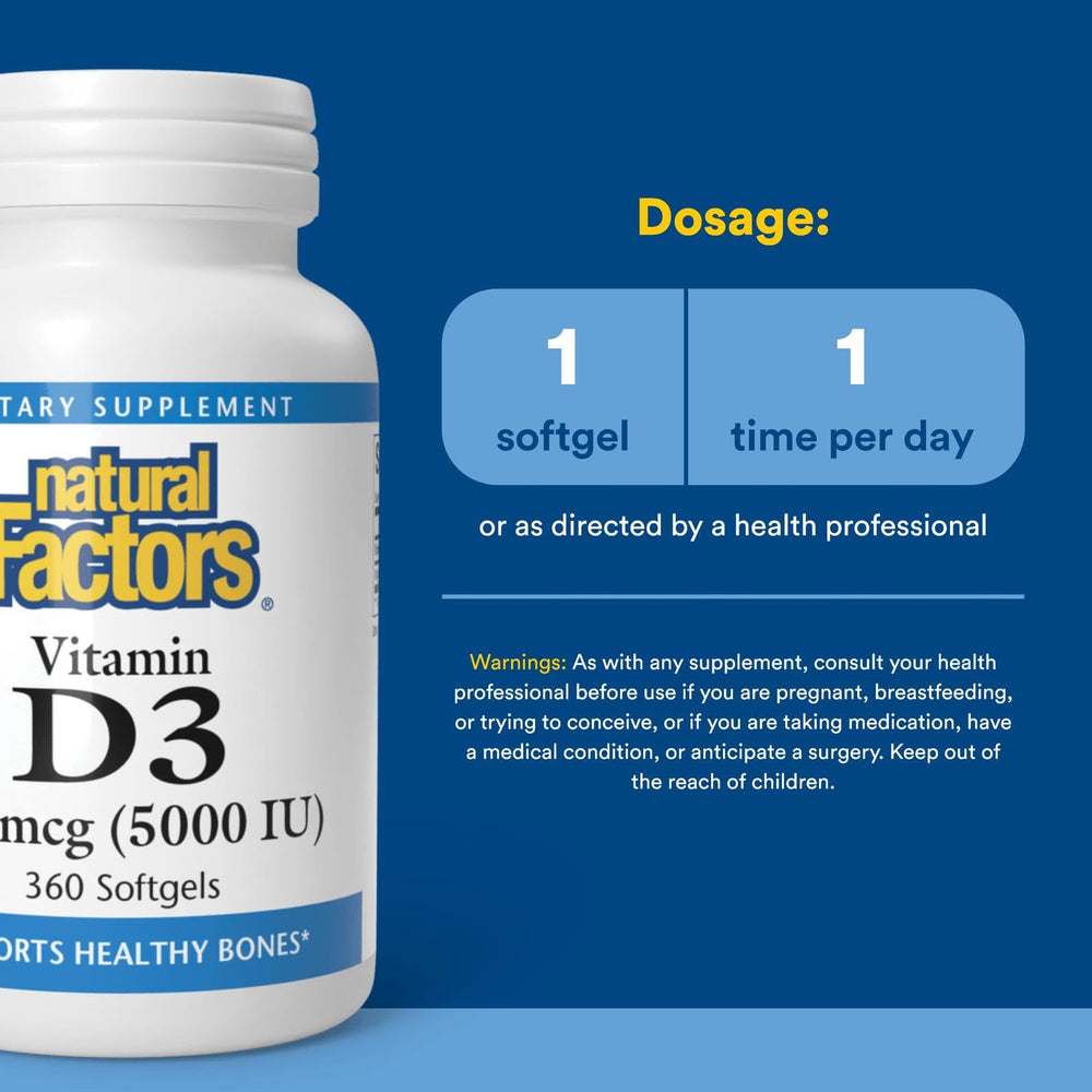 Natural Factors Vitamin D3 bottle label emphasizes high potency and purity.