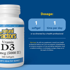 Natural Factors Vitamin D3 bottle label emphasizes high potency and purity.