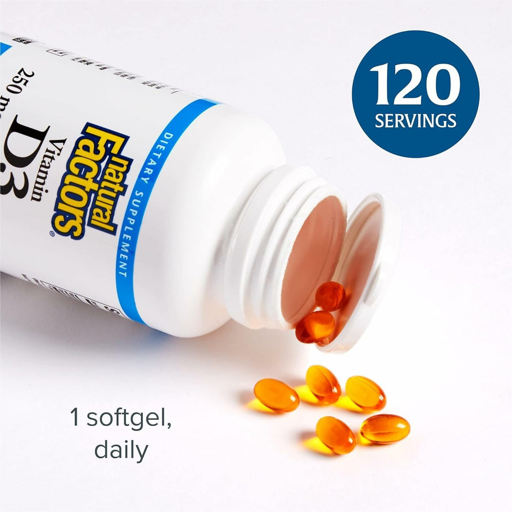 Natural Factors Vitamin D3 packaging on countertop showing convenient daily nutrition