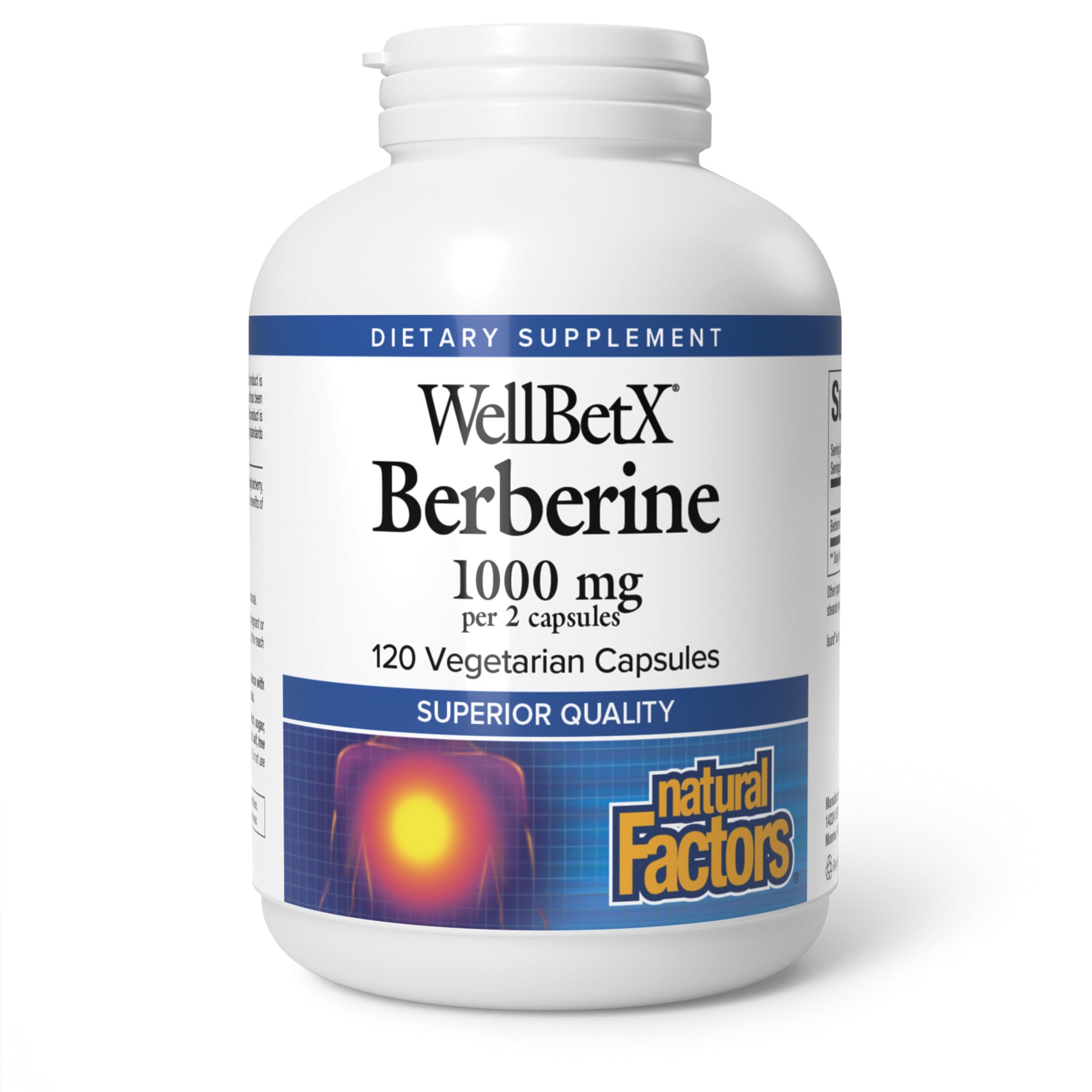 Natural Factors WellBetX Berberine bottle showing 500 mg capsules for daily heart health support.