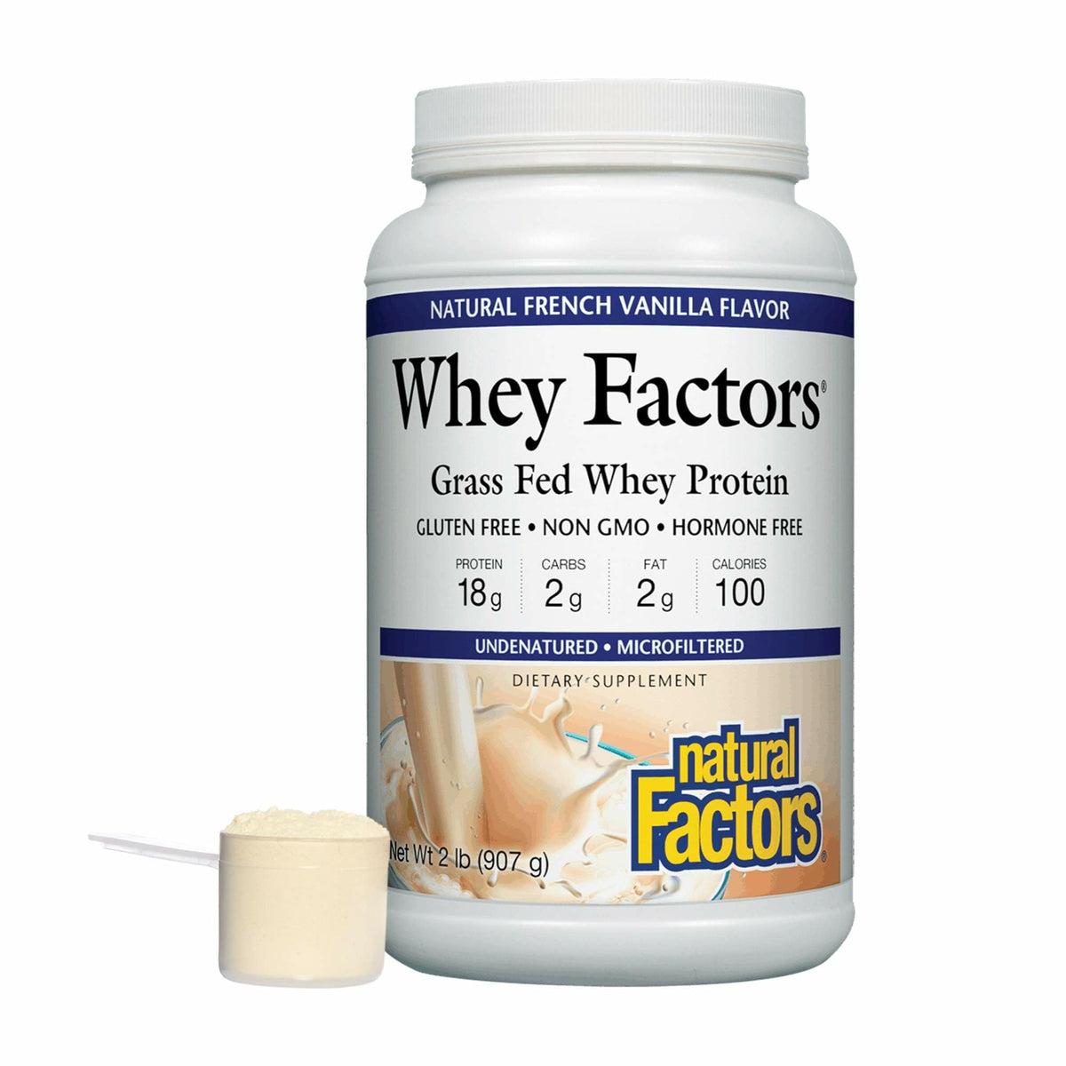 Natural Factors Whey Factors French Vanilla tub for high-protein post-workout support.