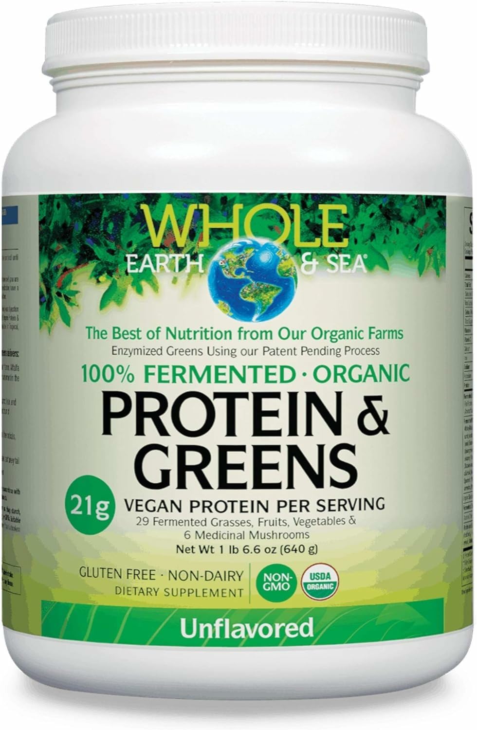 Natural Factors Whole Earth & Sea bottle front showing unflavored protein and greens