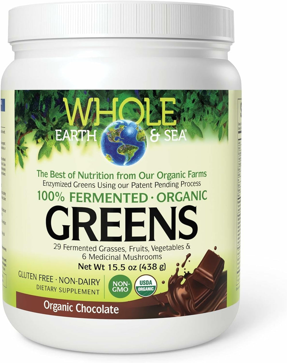 Natural Factors Whole Earth Sea chocolate greens powder bottle supports convenient daily greens.