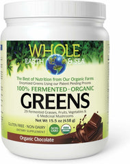 Natural Factors Whole Earth Sea chocolate greens powder bottle supports convenient daily greens.