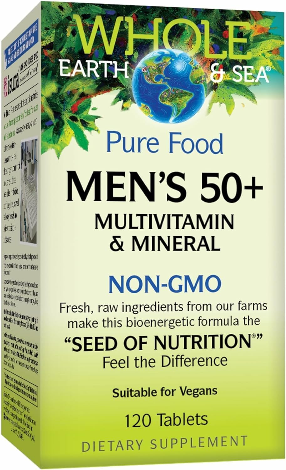 Natural Factors Whole Earth & Sea Men's 50+ multivitamin bottle showing vegan formula benefits