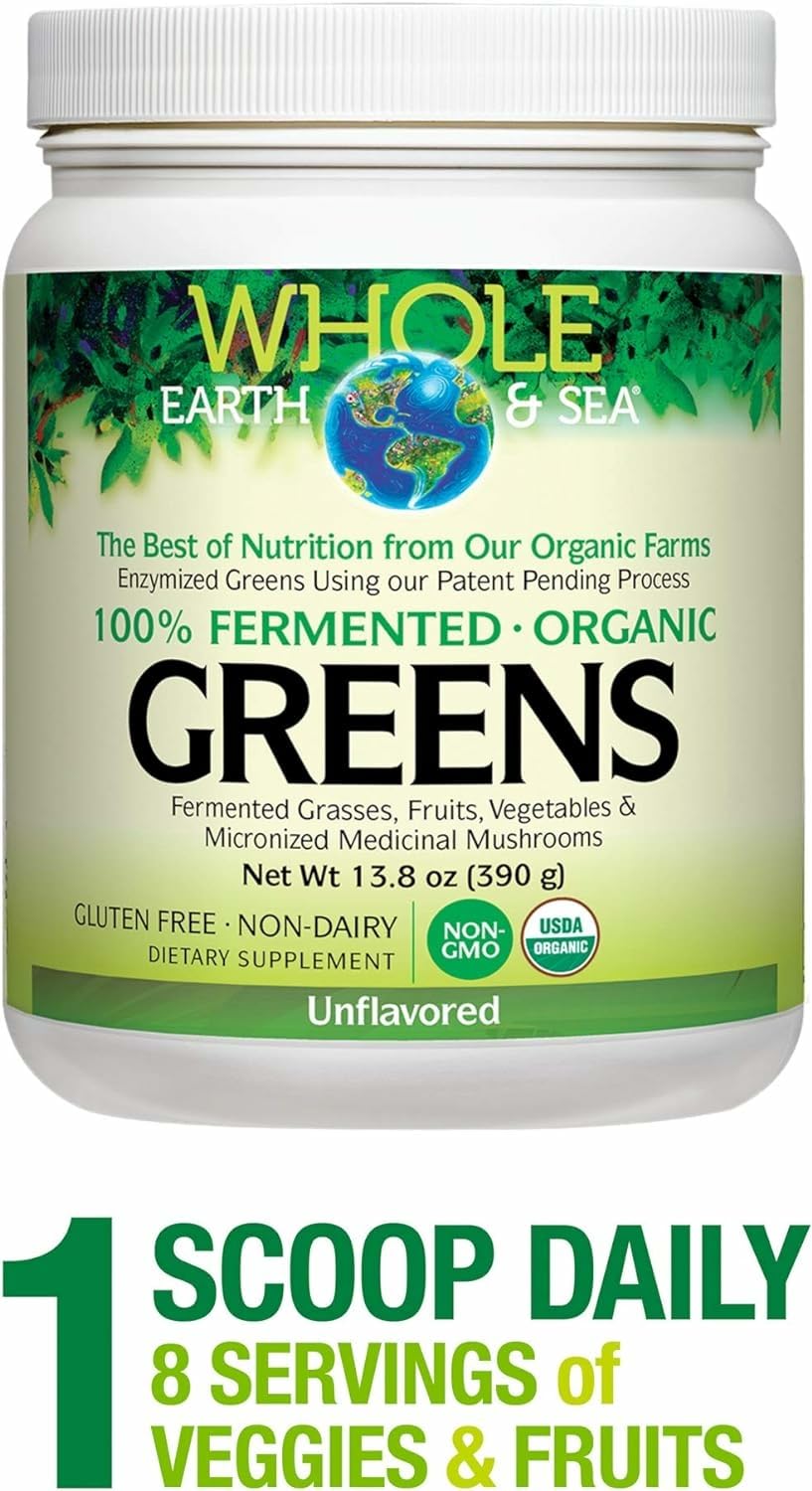 Pouring Organic Greens powder into water for a convenient greens boost