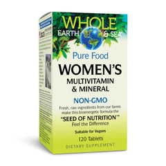 Natural Factors Whole Earth and Sea Women's Multivitamin bottle showing vegan daily energy.