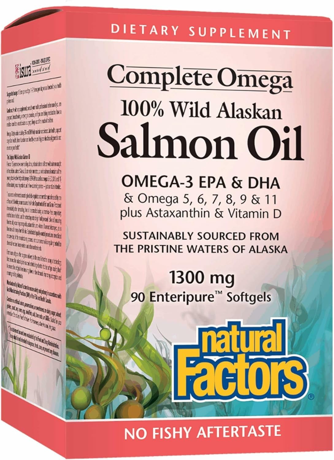 Natural Factors Wild Alaska Salmon Oil bottle on a shelf for daily omega-3 support.