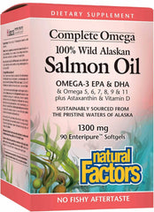 Natural Factors Wild Alaska Salmon Oil bottle on a shelf for daily omega-3 support.