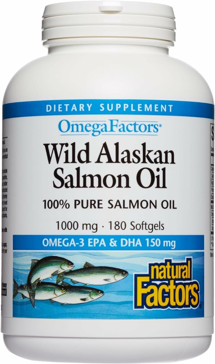 Natural Factors Wild Alaskan Salmon Oil bottle highlighting omega-3 benefits for heart and brain