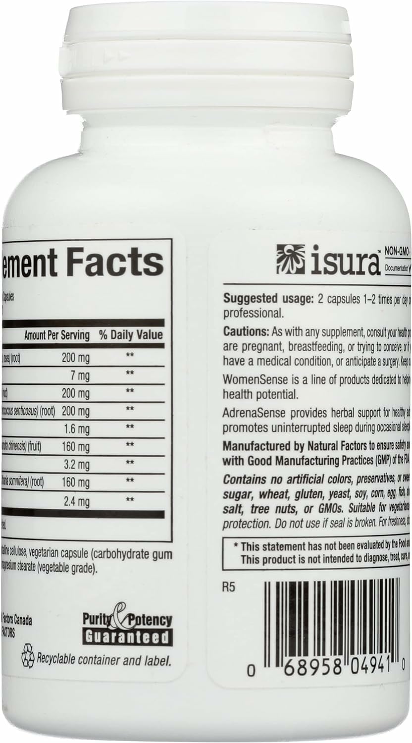 Herbal blend panel on AdrenaSense image emphasizes rhodiola and ashwagandha for energy.