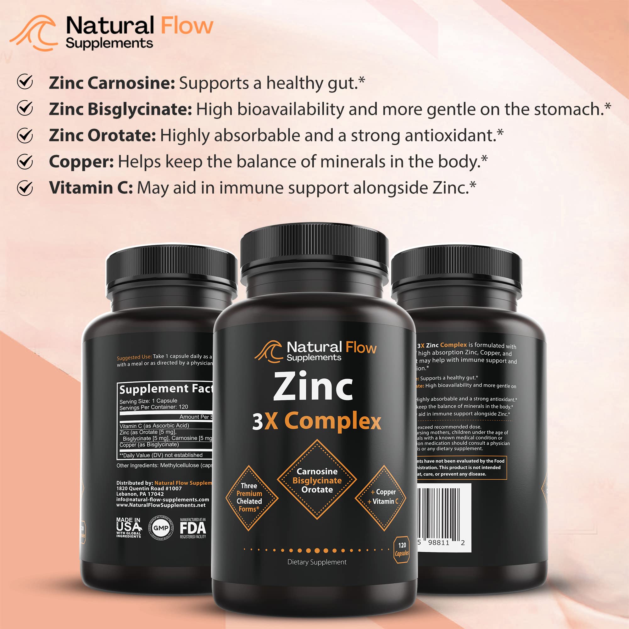 Natural Flow Copper and Vitamin C blend label indicating mineral balance support