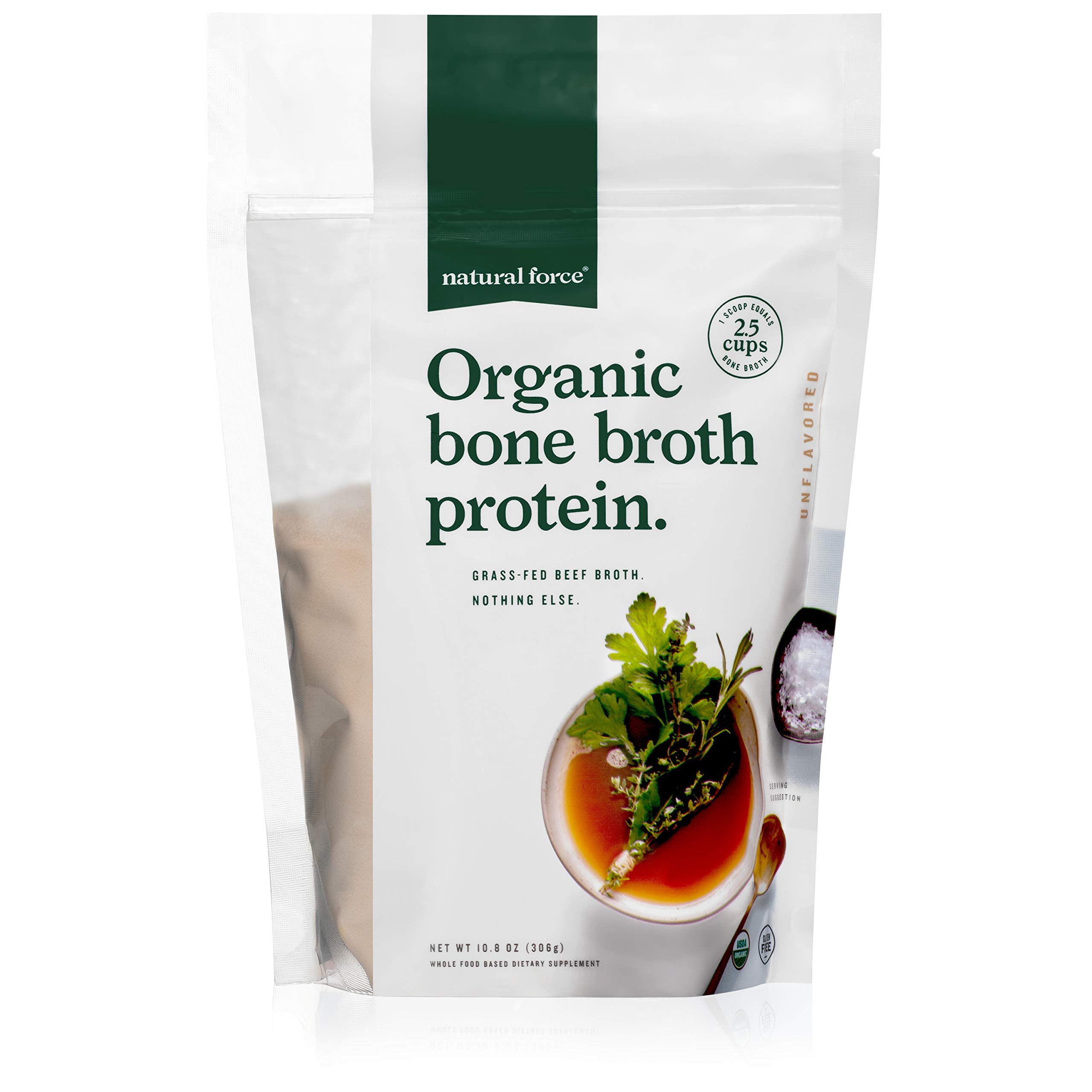 Natural Force bone broth protein powder tub with scoop for protein boost in meals