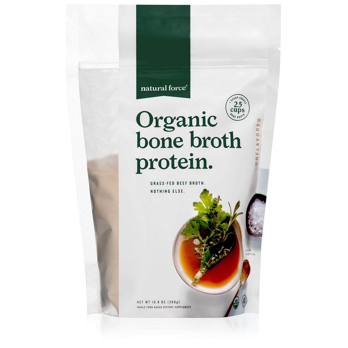 Natural Force bone broth protein powder tub with scoop for protein boost in meals