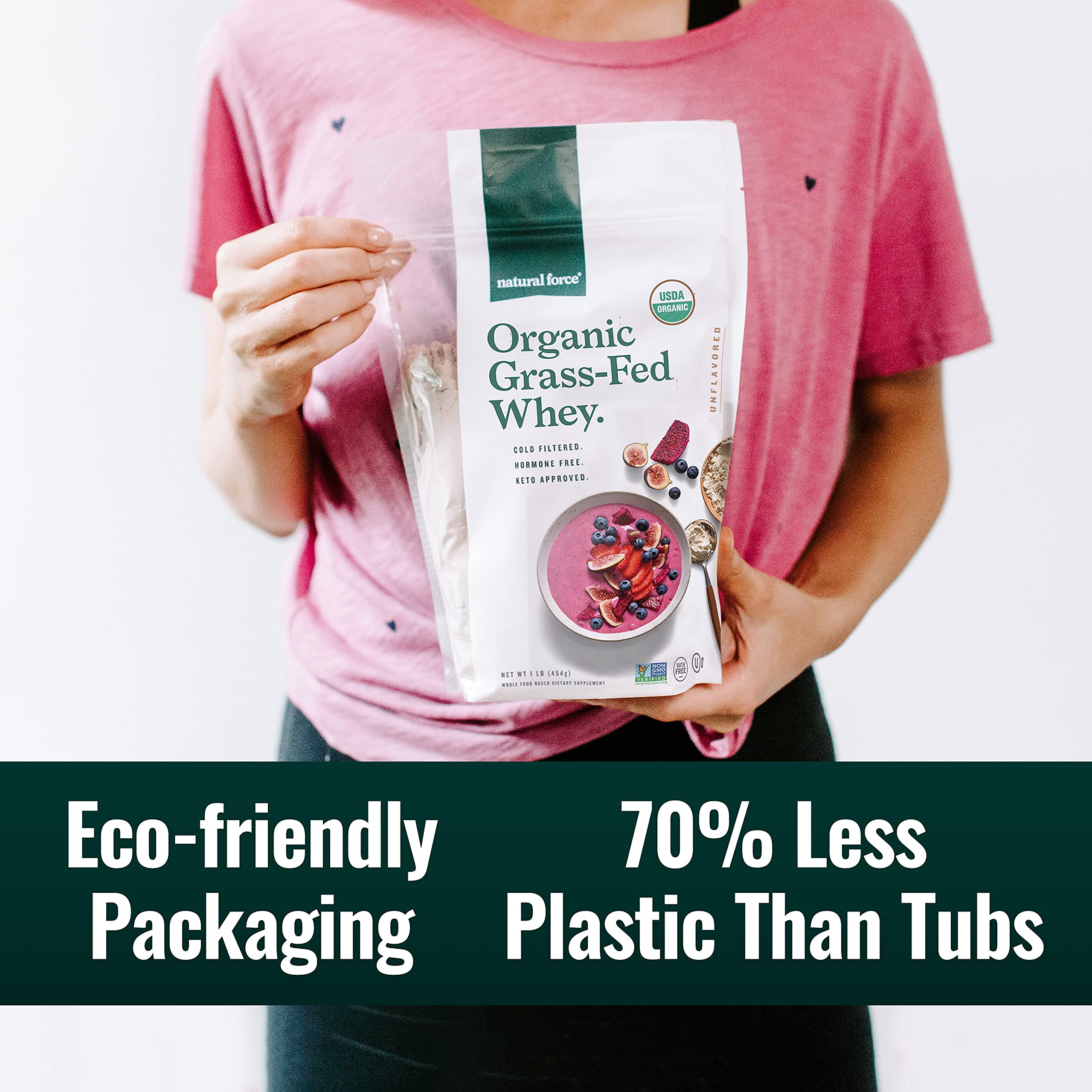 Natural Force BPA-free recyclable pouch highlights eco-friendly packaging.