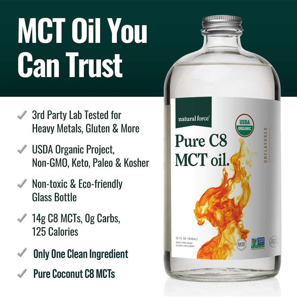 Close-up of Natural Force C8 MCT Oil label highlighting organic certification.