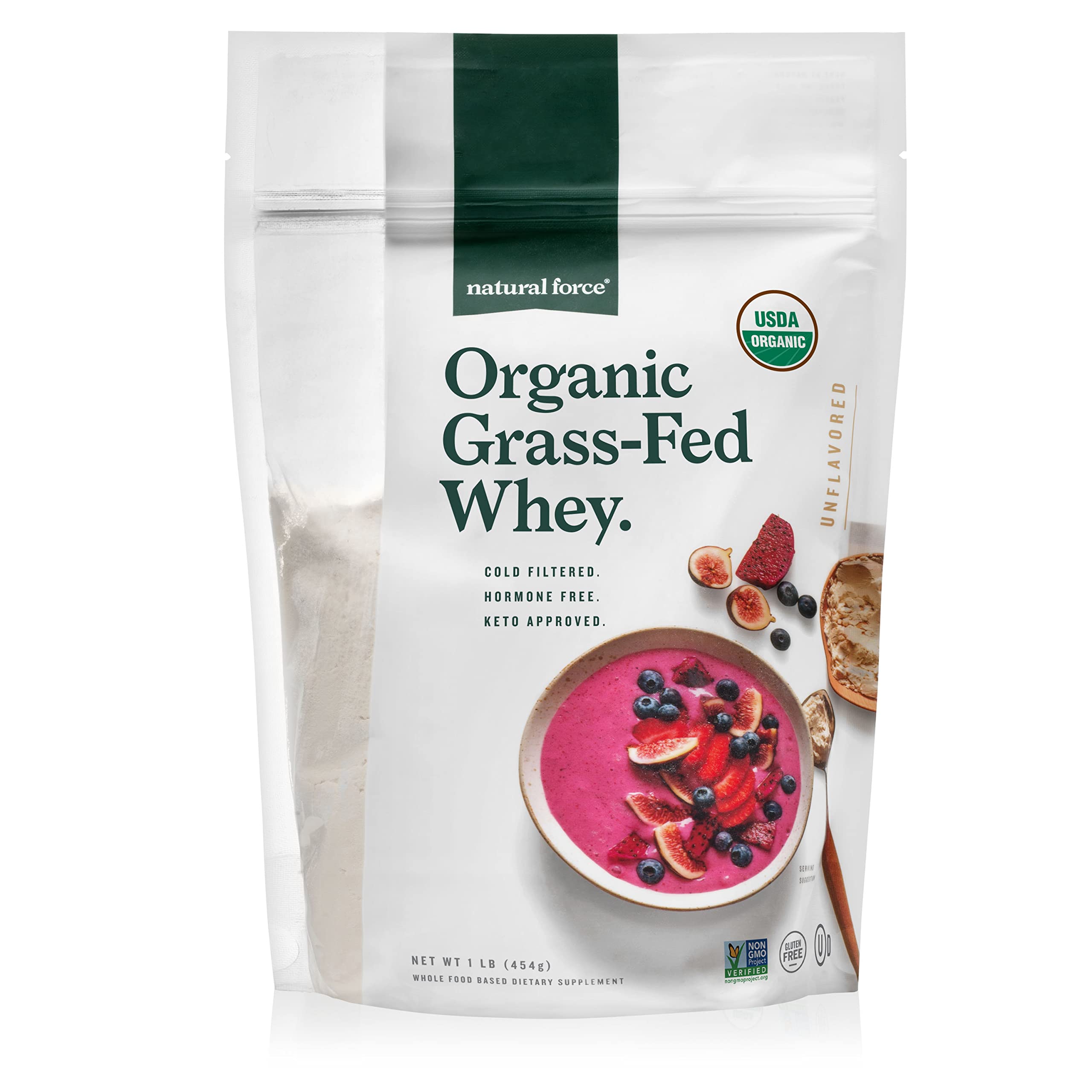Natural Force grass fed whey powder pouch front for clean protein on the go.
