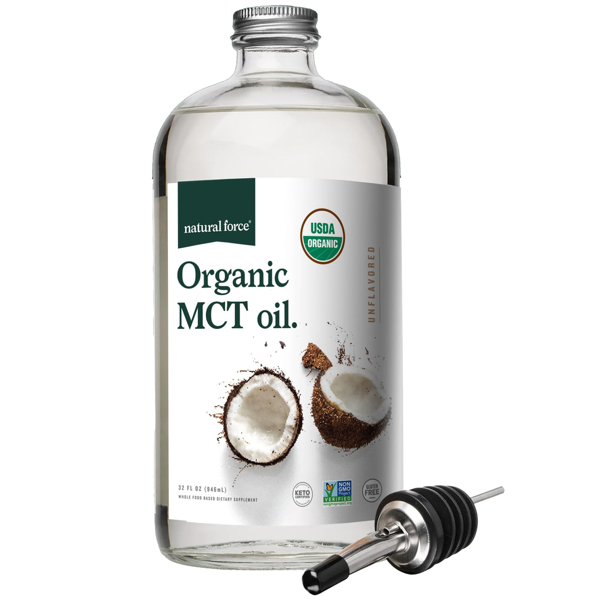 Natural Force MCT Oil glass bottle closeup emphasizes purity and eco packaging
