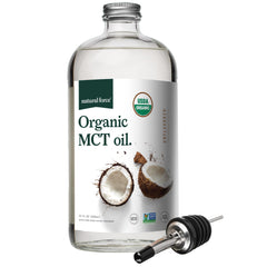 Natural Force MCT Oil glass bottle closeup emphasizes purity and eco packaging