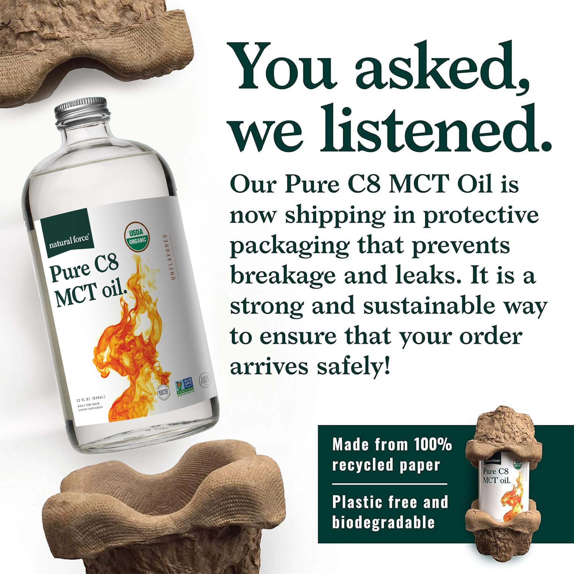 Pour-ready Natural Force C8 MCT Oil ideal for coffee or smoothies.